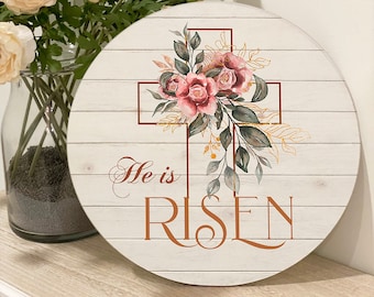 Letrero de madera "Él ha resucitado": Cruz floral, decoración de Pascua