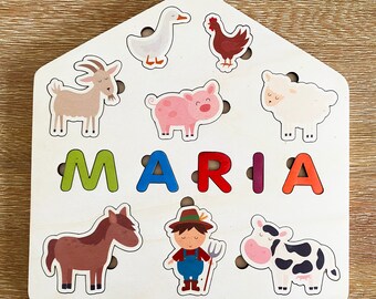 Puzzle con nome personalizzato: animali da fattoria in legno, regalo per il 1° compleanno