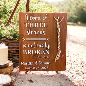 Letrero de madera grande con versículo bíblico, Eclesiastés 4:12, boda cristiana, cordón de 3 hilos, regalo para pareja, letrero de boda rústico, regalos de boda