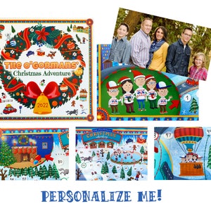 Op de afbeelding: Een gepersonaliseerde kerst-adventskalender met een kransontwerp en de tekst "The O'Gormans' Christmas Adventure 2022". De kalender toont een gezin van vijf met rood-wit gestreepte truien. De kalender is ontworpen om te worden gepersonaliseerd met foto's en namen.