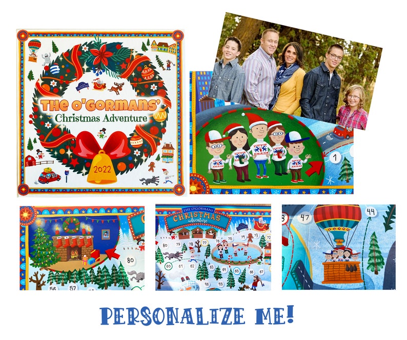 Op de afbeelding: Een gepersonaliseerde kerst-adventskalender met een kransontwerp en de tekst "The O'Gormans' Christmas Adventure 2022". De kalender toont een gezin van vijf met rood-wit gestreepte truien. De kalender is ontworpen om te worden gepersonaliseerd met foto's en namen.