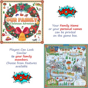 Op de afbeelding: Een kerstthema bordspel met een kleurrijke illustratie van een wintersc&egrave;ne. Het spelbord heeft een kronkelend pad met genummerde vakjes, een luchtballon, een trein en een sneeuwpop. Het spel heet "Our Family Christmas Adventure" en bevat spelregels.