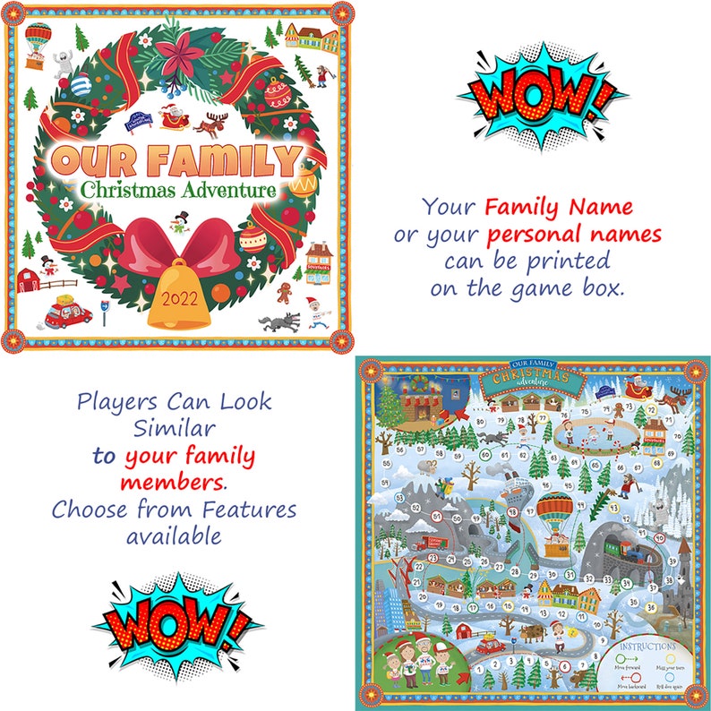 Op de afbeelding: Een kerstthema bordspel met een kleurrijke illustratie van een wintersc&egrave;ne. Het spelbord heeft een kronkelend pad met genummerde vakjes, een luchtballon, een trein en een sneeuwpop. Het spel heet "Our Family Christmas Adventure" en bevat spelregels.