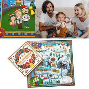 Op de afbeelding: Een kleurrijk bordspel met een kerstthema. Het bordspel heeft een wintersc&egrave;ne met huizen, bomen en een sneeuwpop. De spelstukken zijn kleine, kleurrijke figuren. Het spel heet "The Johnsong Christmas Adventure".