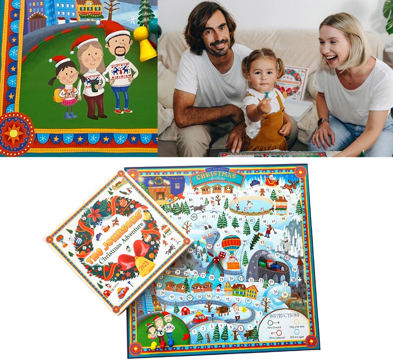 Op de afbeelding: Een kleurrijk bordspel met een kerstthema. Het bordspel heeft een wintersc&egrave;ne met huizen, bomen en een sneeuwpop. De spelstukken zijn kleine, kleurrijke figuren. Het spel heet "The Johnsong Christmas Adventure".