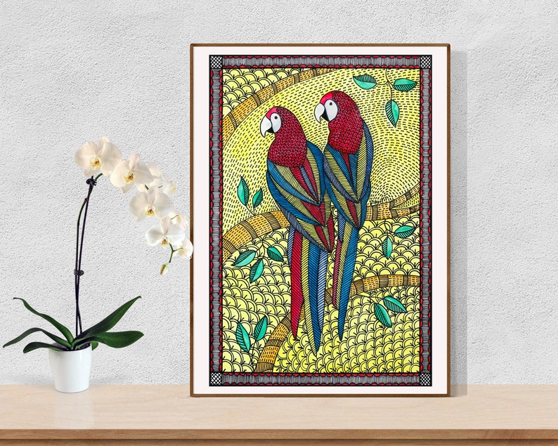 Digital Print of Brazilian Macaw in Indian Madhubani style handmade folk art painting for wall decor image 1