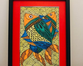 Pair of Fishes-Madhubani handmade Indian painting for wall decor (With Frame)