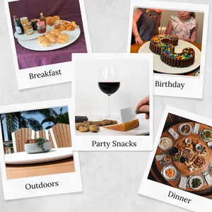 Puede incluir: Una colecci&oacute;n de fotos estilo polaroid que muestran varios temas de comida y estilo de vida. Incluye im&aacute;genes etiquetadas como "Desayuno" con pasteles, "Cumplea&ntilde;os" con una tarta, "Exteriores" con una mesa, "Aperitivos" con vino y queso, y "Cena" con una mesa.