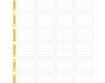 May include: A printable weekly meal planner with a yellow background and black text. The planner is divided into seven days of the week, with columns for breakfast, lunch, dinner, and snacks.