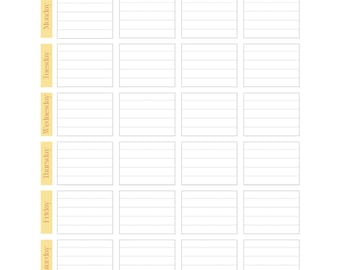 May include: A printable weekly meal planner with a yellow background and orange text. The planner is divided into seven days of the week, with columns for breakfast, lunch, dinner, and snacks.