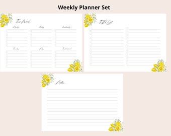 Planificador semanal imprimible, lista de tareas pendientes y conjunto de notas / Organizador semanal / Planificador diario / Limón floral / Horario semanal / Planificador de notas