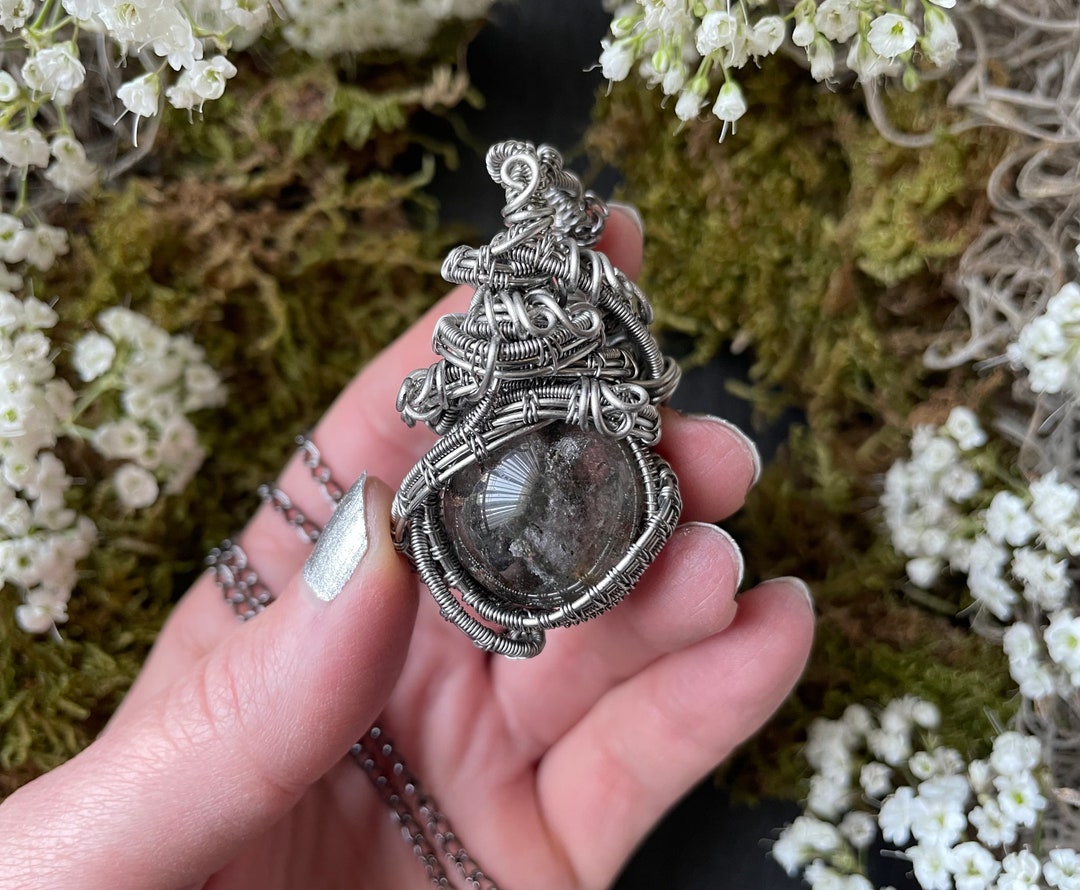 Chlorite Quartz Crystal Ball Necklace Stainless Steel Wire Etsy