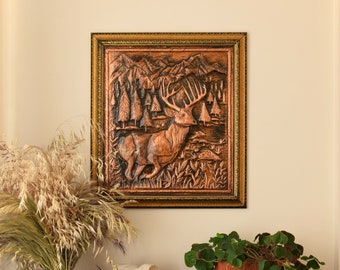 Deer Wall Art, Copper Home Decor  Handcrafted Copper Relief Wall Art 54x59 CM LARGE Home and Office Decor