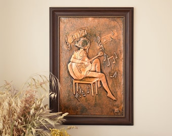 Copper Wall Art, Girl with a Guitar, Home Decor, Wall Art, Copper Art, Hammered Copper, Music lover gift