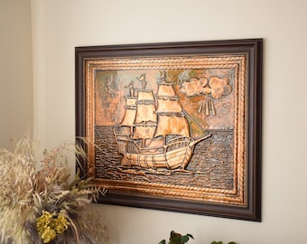 Large Copper Wall Art Sailing Ship Decor Large Size Handmade Metal Wall Art Copper Fine Art, living room decor, office decor