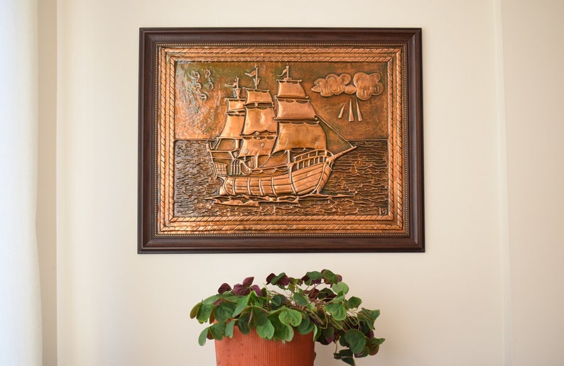 Large Copper Wall Art Sailing Ship Decor Large Size Handmade Metal Wall