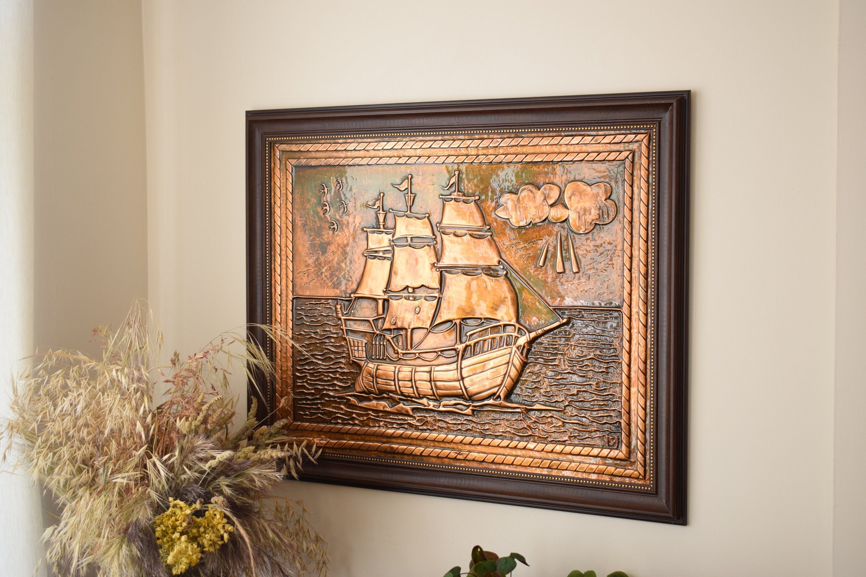 Large copper wall art sailing ship decor large size handmade metal wall