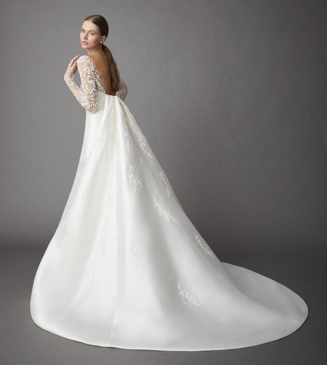 Square Neck Brocade Gown with Beaded Petals