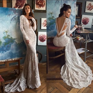 Vintage Crocheted Lace Boho Backless Mermaid Gown