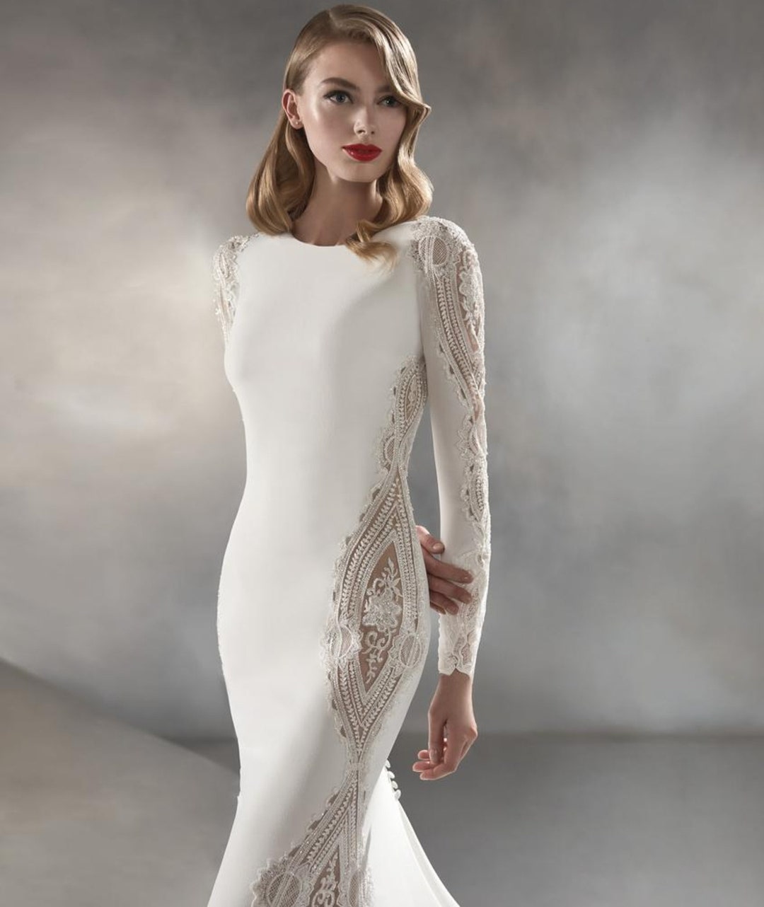 Modest Long Sleeve Side Lace Applique Trumpet Gown - Etsy