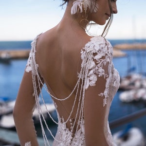 Draped Pearl Beading and Lace Mermaid Gown