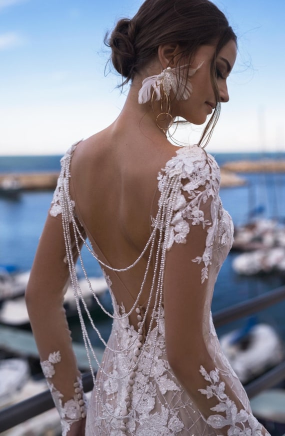 Draped Pearl Beading and Lace Mermaid Gown 