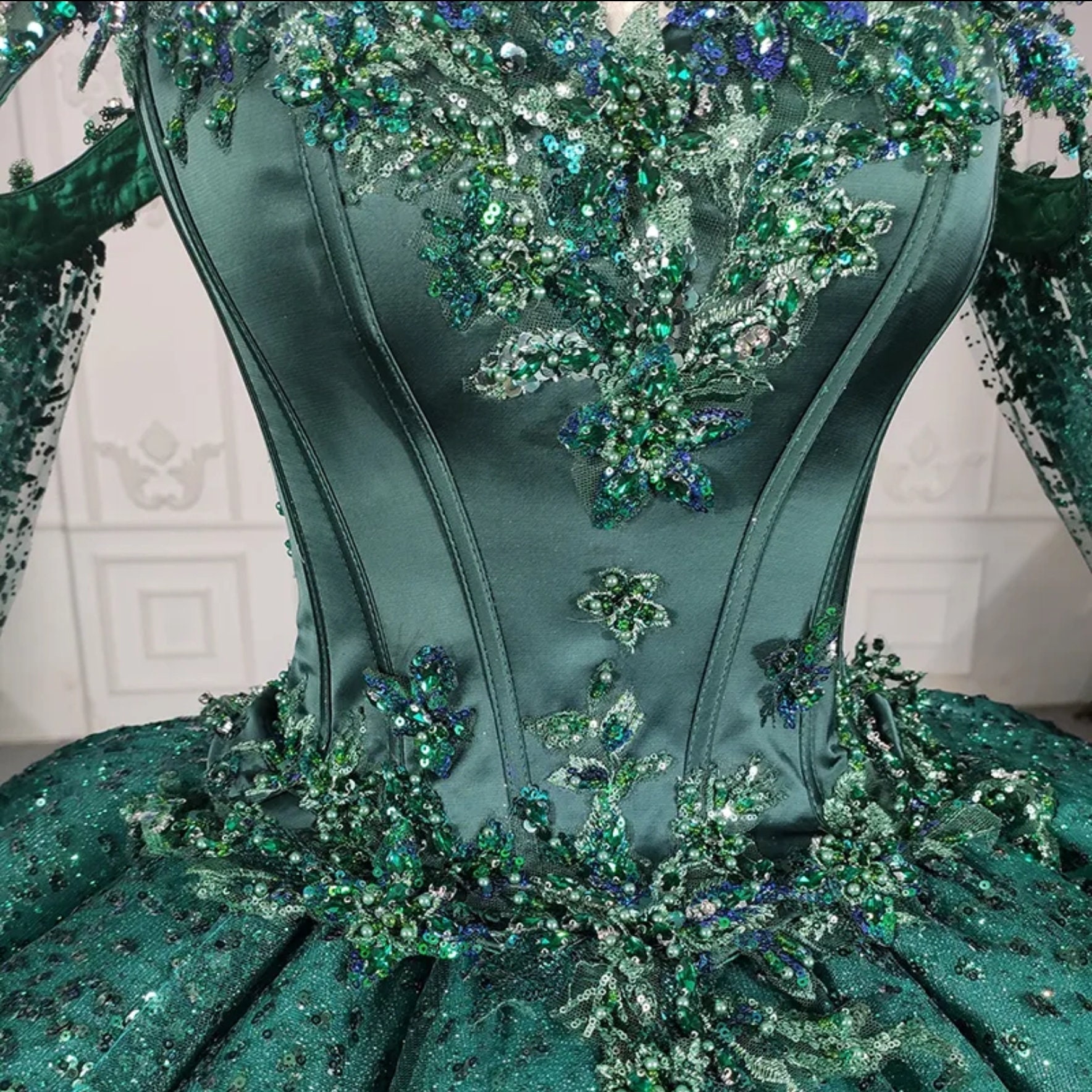 Emerald Green Beaded Satin & Sequinned Bodice A-line Princess - Etsy