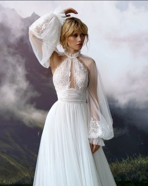 Detached Romantic Sheer Lace & Pearls Halter Style Sleeves 