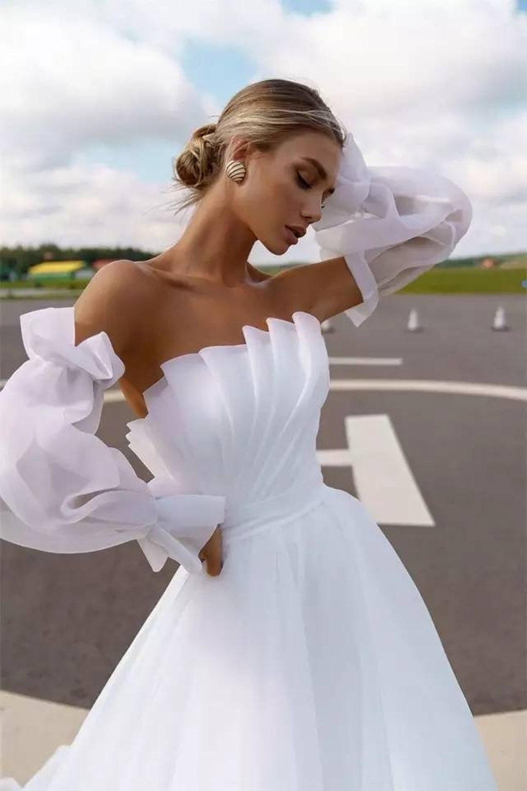 Magic Awn Beach Wedding Dresses For Women Detachable Long Puffy Sleeves Organza Boho Mariage Gowns Side Split Lace-up Back