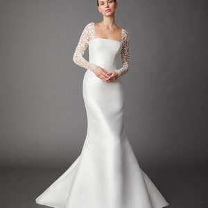 Floral Lace Long Sleeve Square Neck Gown With Scattered Appliqués ...