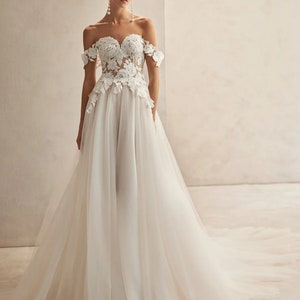 Beautiful Floral Lace Off The Shoulder Flowing A-Line Gown