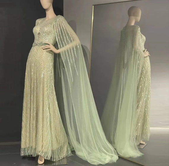 Embellished Off-shoulder Cape Dress – Ramialali