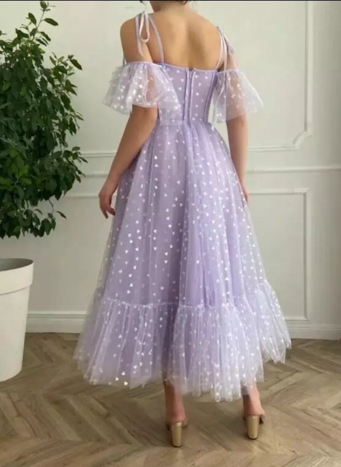 Glitter Heart Tulle off the Shoulder Tea Length Dress Etsy