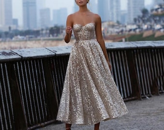 Gold tea length formal dresses 2025
