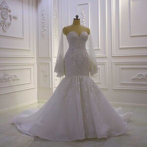 Elegant Sheer Strapless Sweetheart Tulle Beaded Pearl Mermaid Gown With ...