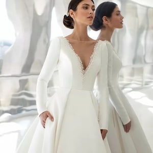 Sheer Illusion Beaded V Neck Satin Wedding Gown - Etsy