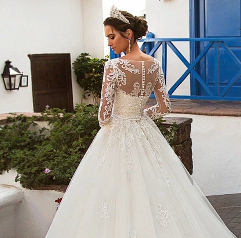 Off the Shoulder Full Lace Elegant Princess Romantic Wedding Dresses,B –  SposaBridal