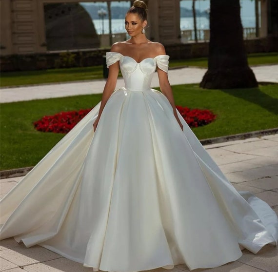 Satin Embellishments off the Shoulder Corset Sweetheart Wedding