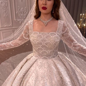 A-Line Square Neck Long Sleeves Floral Lace Up Beaded Formal Evening Gown main image 1