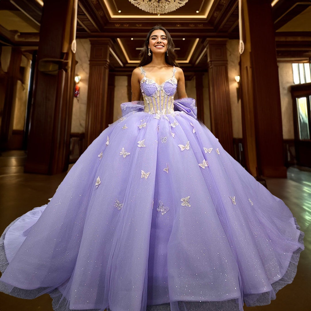 3d Flowers Lavender Tulle Tiered Princess Formal Dress - Lunss
