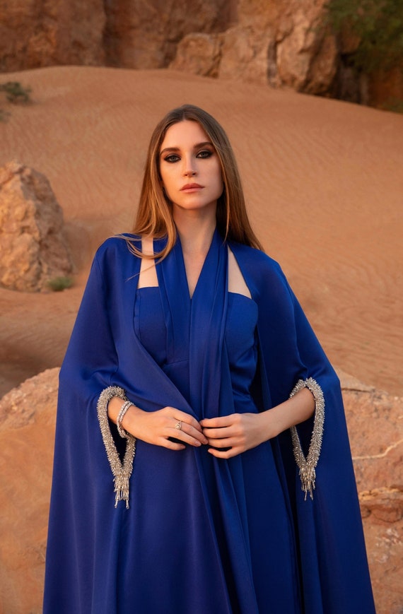 Soft Satin crepe Floor Length Beaded Long Sleeve Hole Elegant