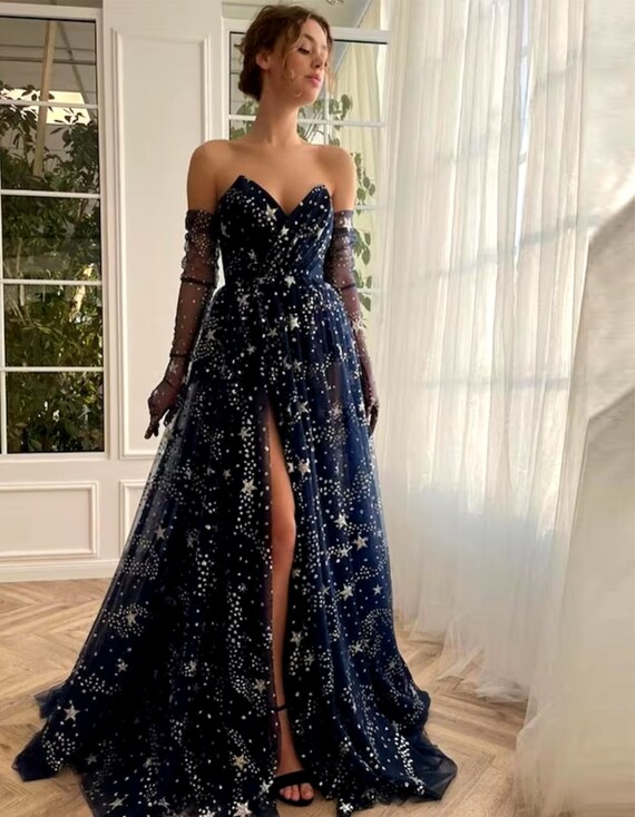 Strapless V Neck Celestial Stars Gown With Thigh High Hem - Etsy