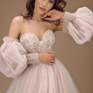 Detached Victorian Era Glitter Tulle Sleeves With Pearl Beaded Buttons