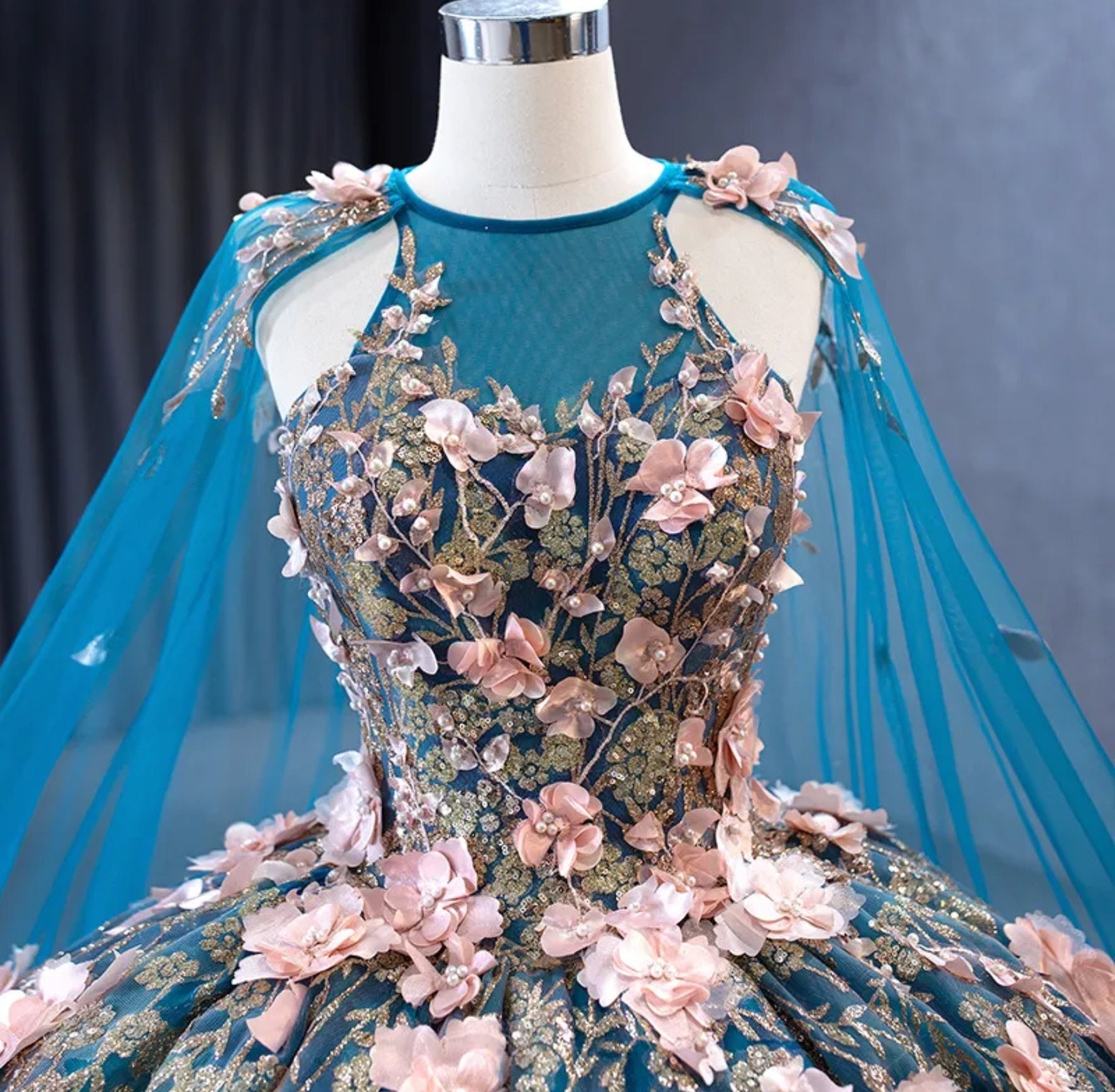 Sleeveless Halter Pearl Beaded Floral Appliqu Quincea era Pageant Special Occasion Party Event Gown With Trailing Floor Length Cape Train