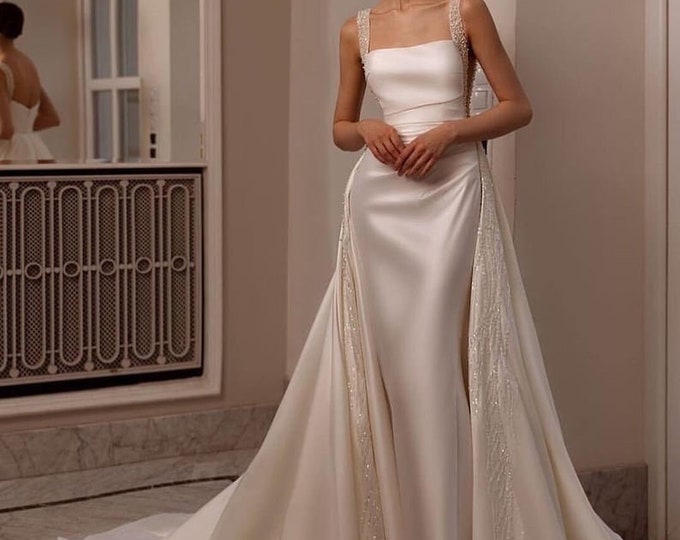 Sleeveless Multi Crystal Beaded Square Neck Satin Minimalist Gown With ...