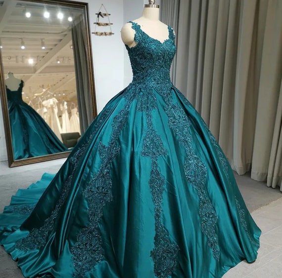 A-Line Puff Sleeves Satin Peacock Blue Long Prom Dress, Peacock Blue L –  dresstby