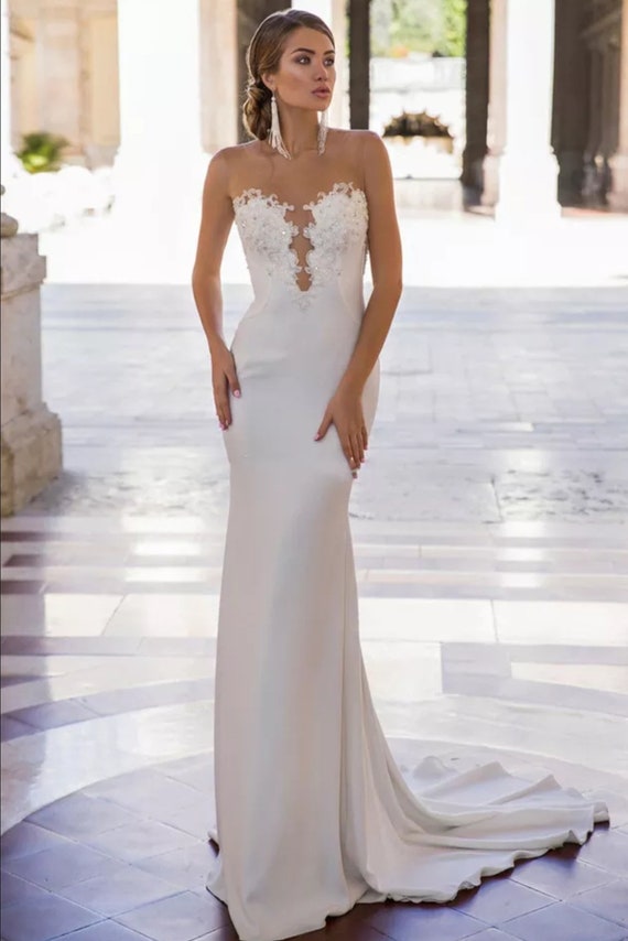 Satin Illusion Deep Sweetheart Neckline With Embellishment Beading