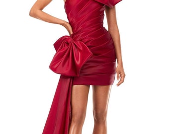 Above The Knee Ruche Pleated Oversized One Shoulder Bow Knot Special Occasion Dress With Oversized Floor Length Hip Bow Train