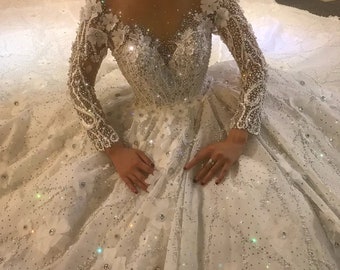 Gorgeous Royal Princess Bride Deep V Illusion Floral 3D Sparkling Beaded Long Sleeve Gown