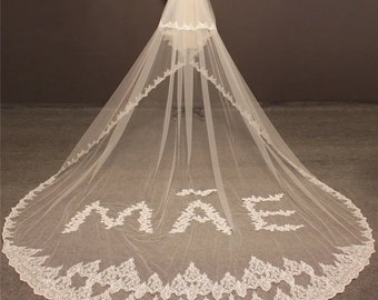 Customized Name Sequinned Lace Edged Bridal Veil